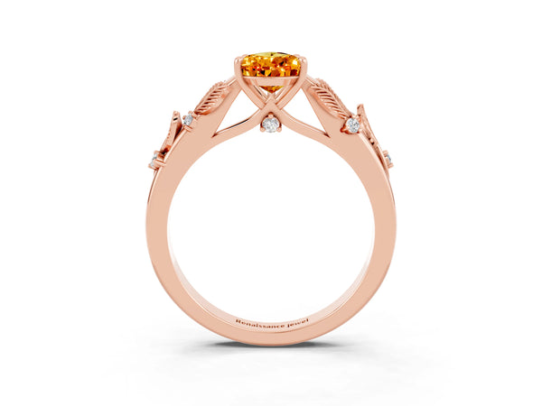 Rose gold Pear Cut Citrine Solitaire Ring with Leaf Motif Band and Four-Prong Setting