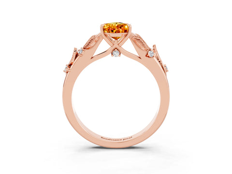Rose gold Pear Cut Citrine Solitaire Ring with Leaf Motif Band and Four-Prong Setting_3