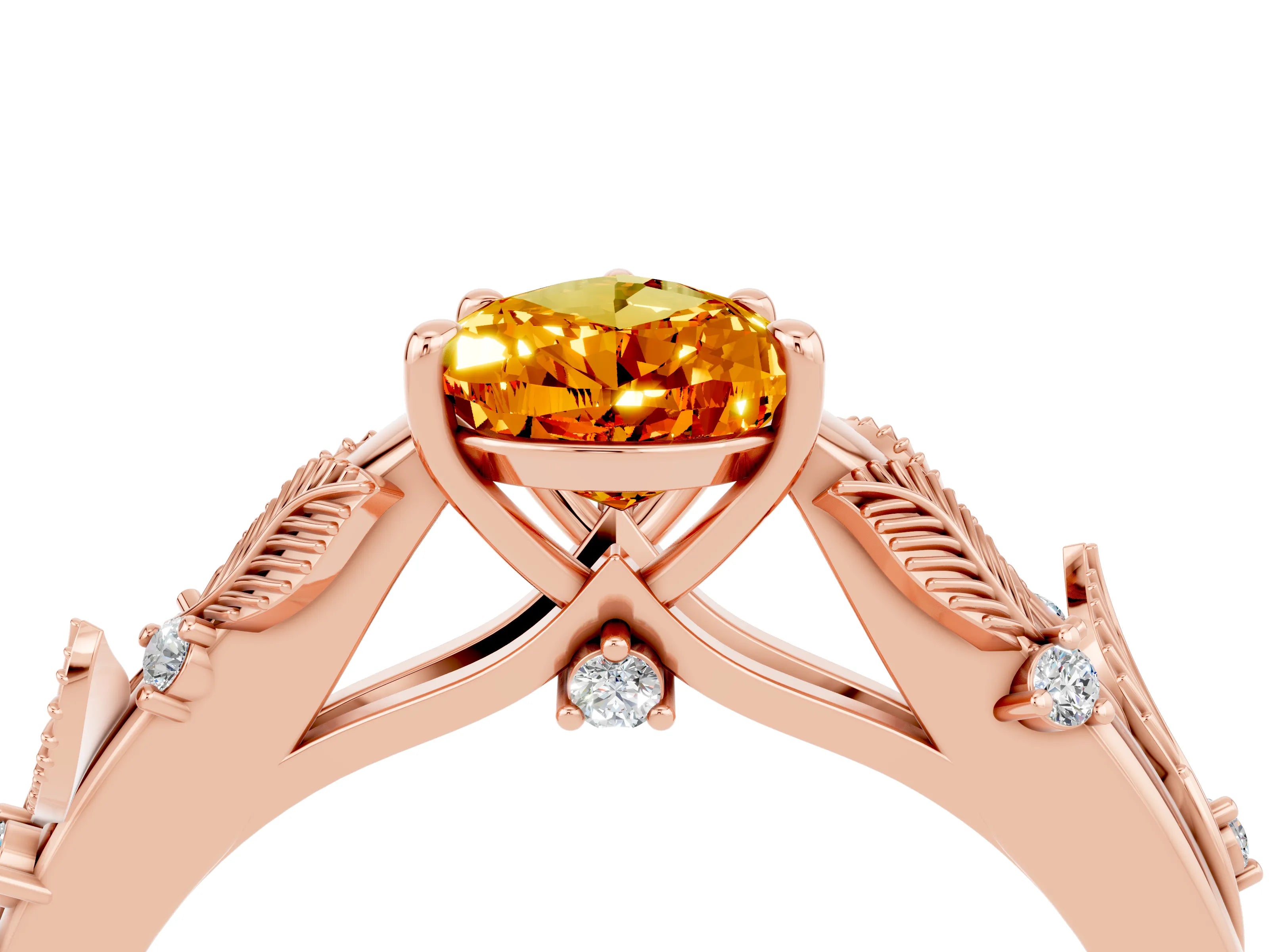 Rose gold Pear Cut Citrine Solitaire Ring with Leaf Motif Band and Four-Prong Setting_4