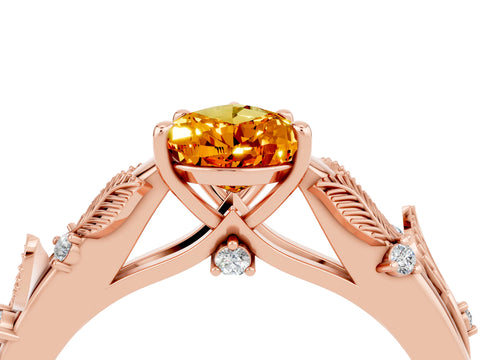 Rose gold Pear Cut Citrine Solitaire Ring with Leaf Motif Band and Four-Prong Setting_4