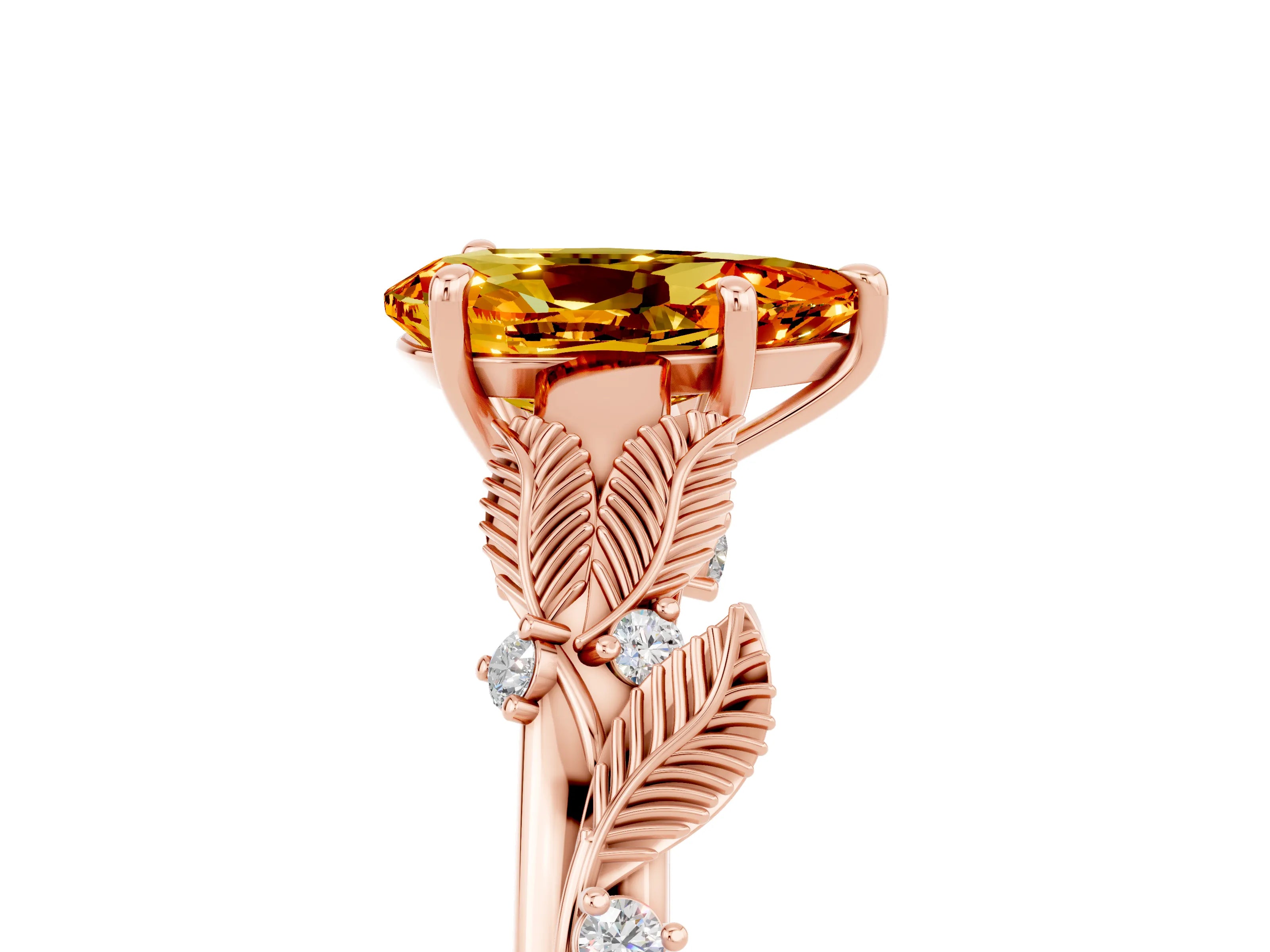 Rose gold Pear Cut Citrine Solitaire Ring with Leaf Motif Band and Four-Prong Setting_5