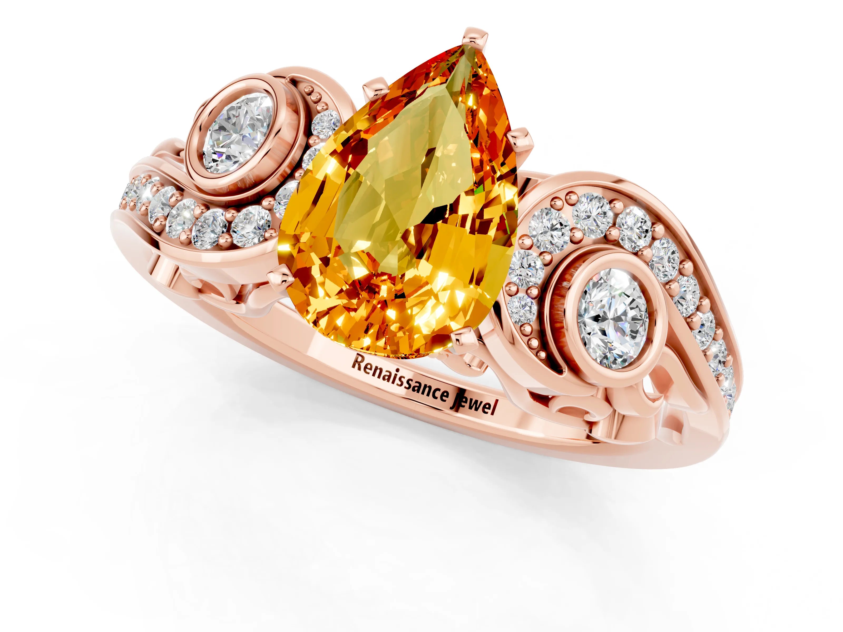 Rose gold Pear Cut Citrine Solitaire Ring with Milgrain Pavé Band and Four-Prong Setting_25