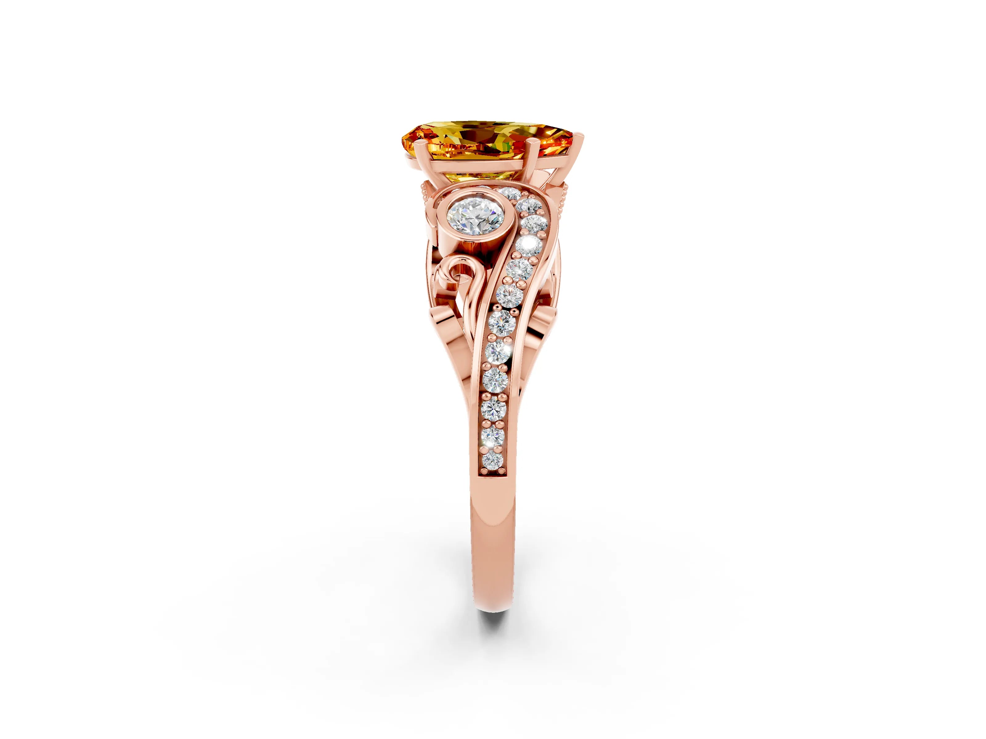 Rose gold Pear Cut Citrine Solitaire Ring with Milgrain Pavé Band and Four-Prong Setting_26