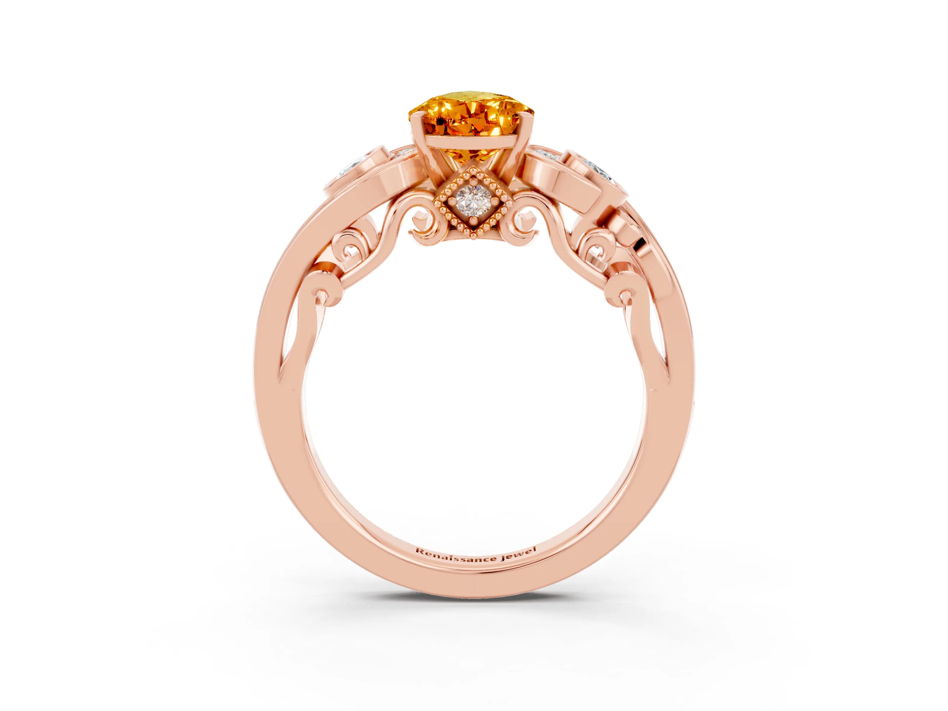 Rose gold Pear Cut Citrine Solitaire Ring with Milgrain Pavé Band and Four-Prong Setting_27