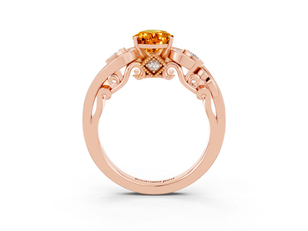 Rose gold Pear Cut Citrine Solitaire Ring with Milgrain Pavé Band and Four-Prong Setting