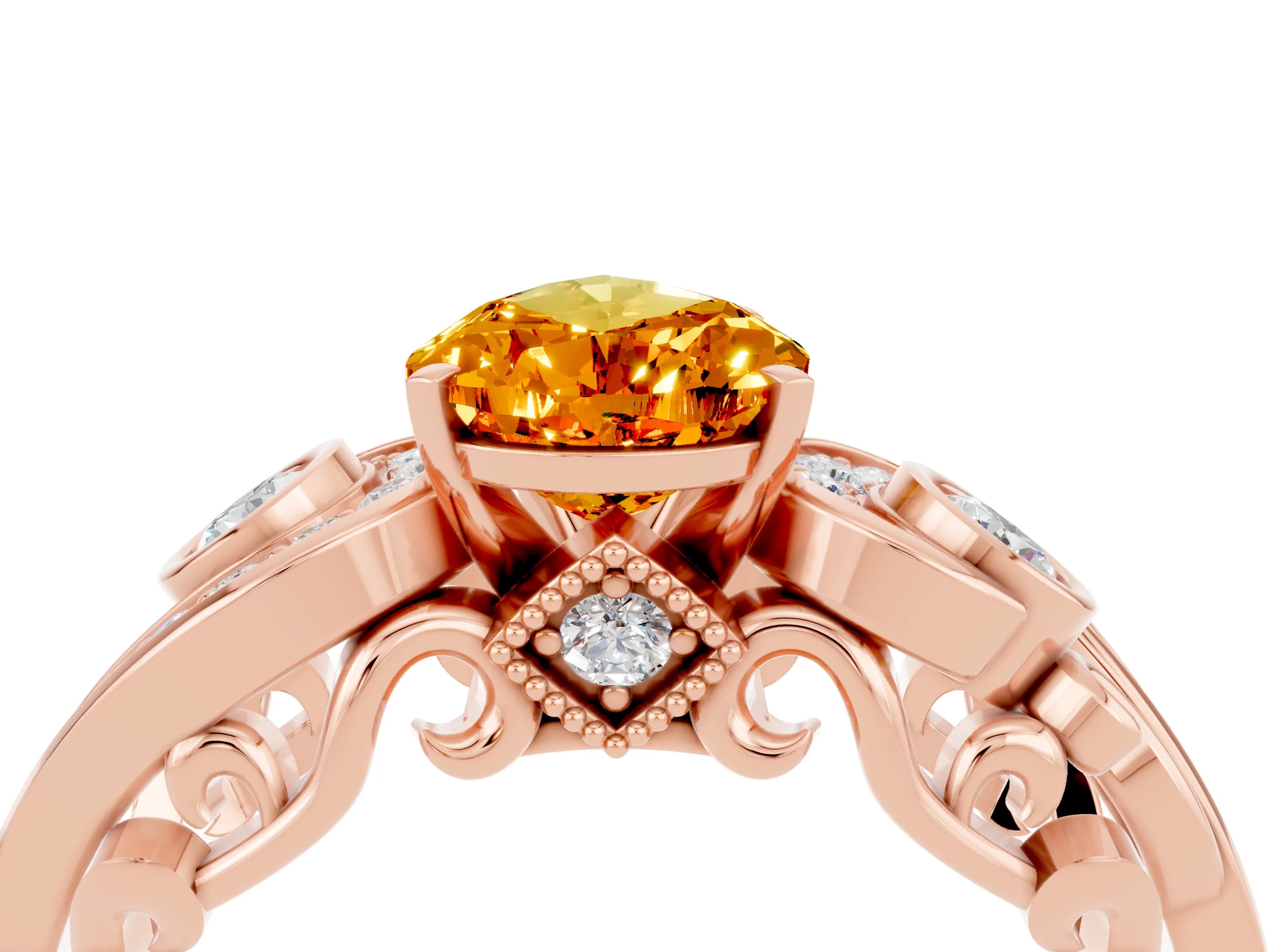 Rose gold Pear Cut Citrine Solitaire Ring with Milgrain Pavé Band and Four-Prong Setting_28
