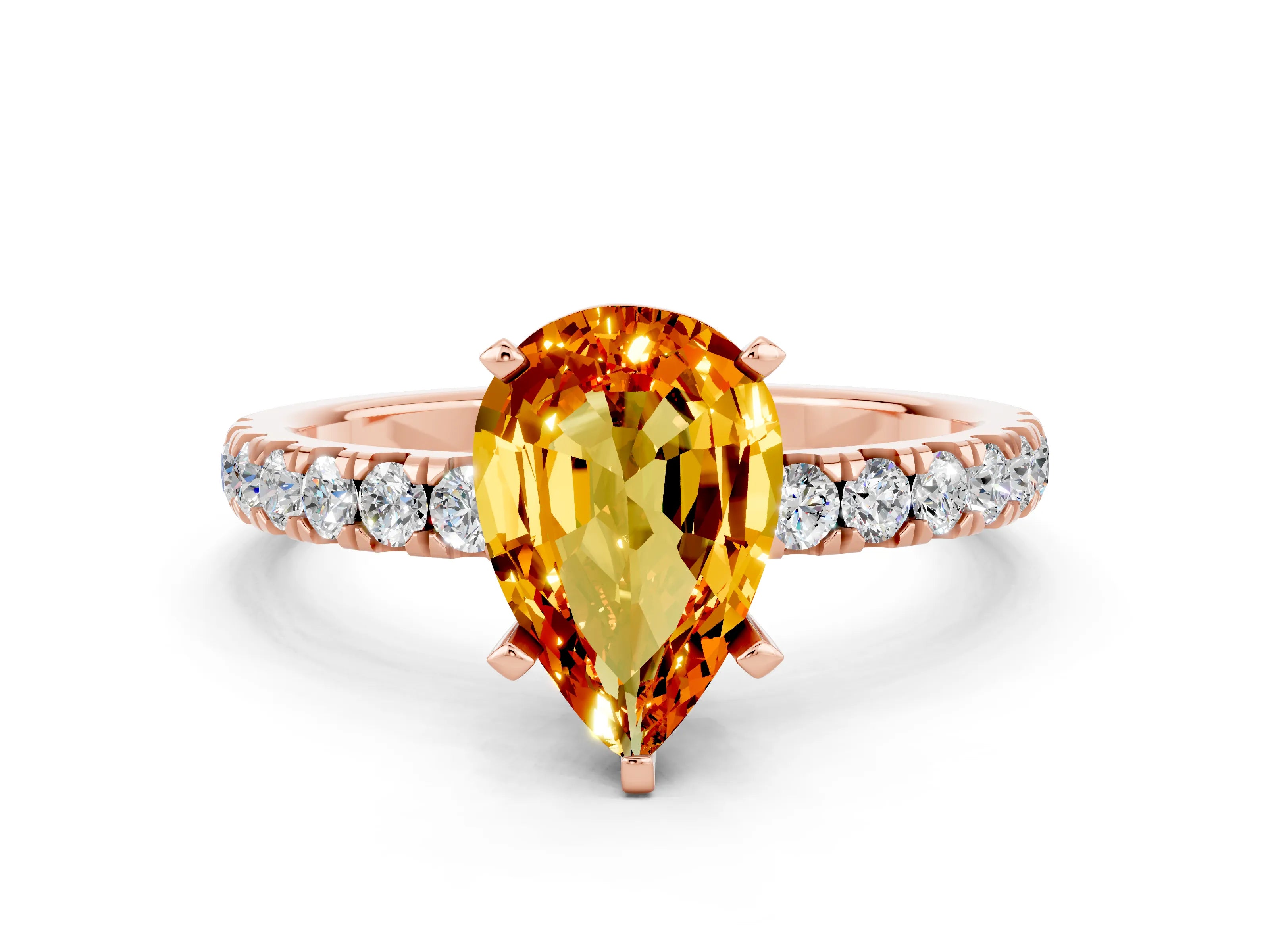 Rose gold Pear Cut Citrine Solitaire Ring with Pavé Accents and Four-Prong Setting