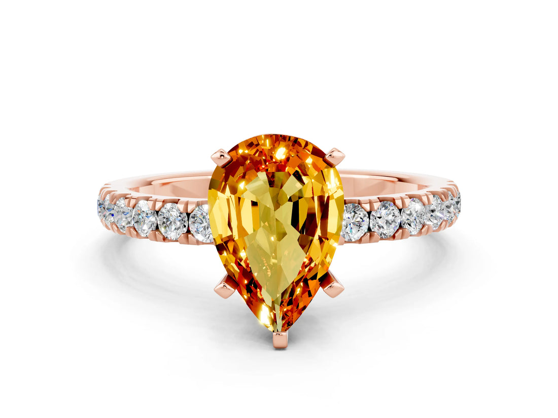 Rose gold Pear Cut Citrine Solitaire Ring with Pavé Accents and Four-Prong Setting