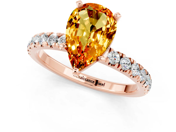 Rose gold Pear Cut Citrine Solitaire Ring with Pavé Accents and Four-Prong Setting