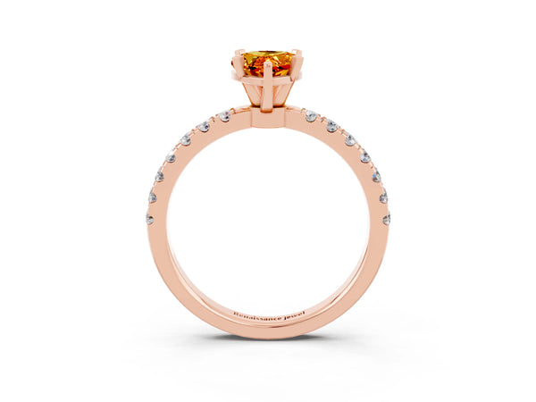 Rose gold Pear Cut Citrine Solitaire Ring with Pavé Accents and Four-Prong Setting