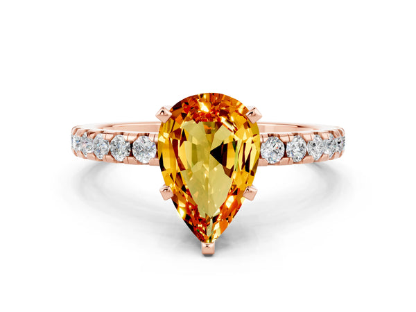 Rose gold Pear Cut Citrine Solitaire Ring with Round  Pavé Band and Four-Prong Setting