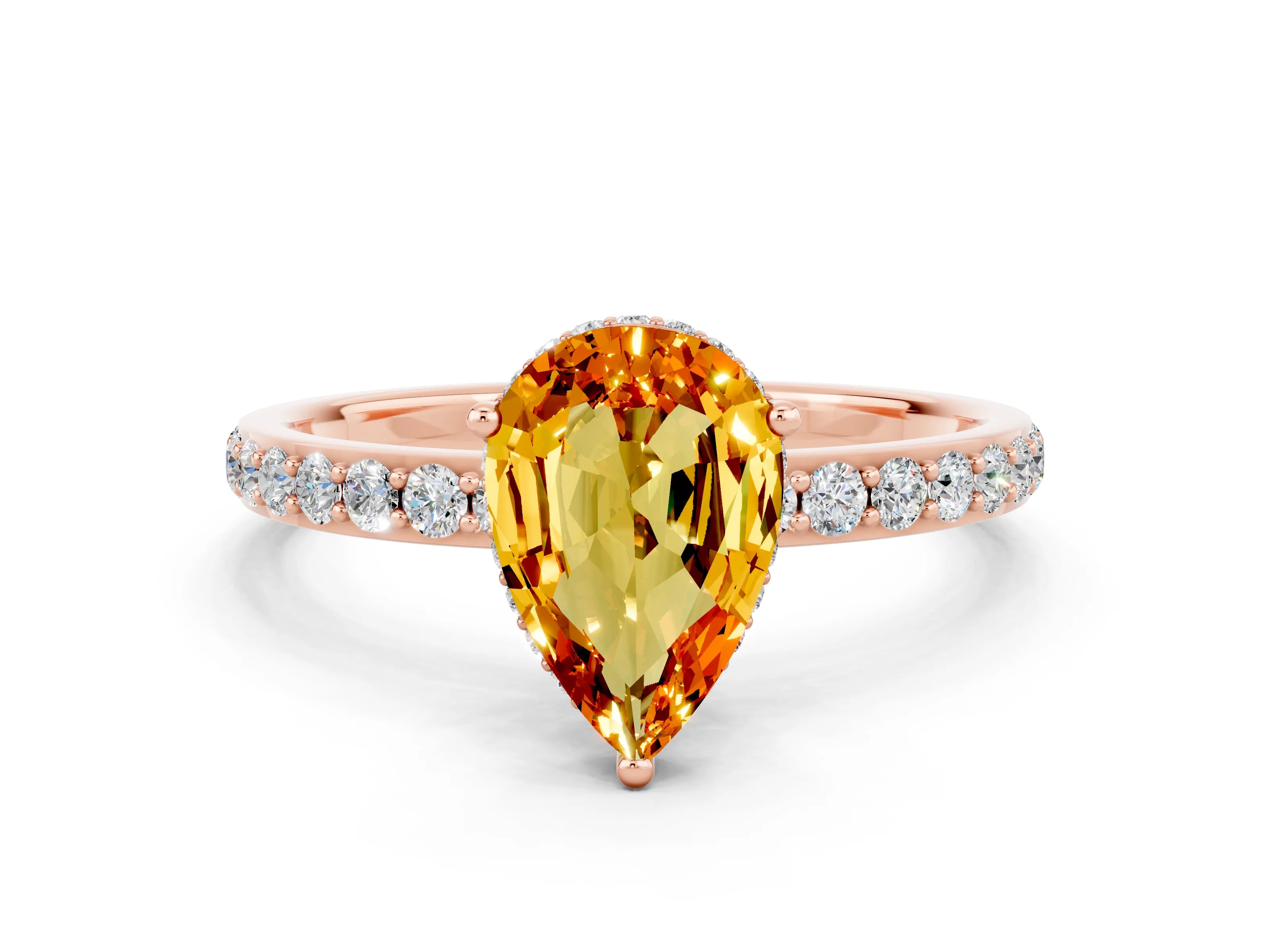 Rose gold Pear Cut Citrine Solitaire Ring with Pavé Band and Hidden Halo_12
