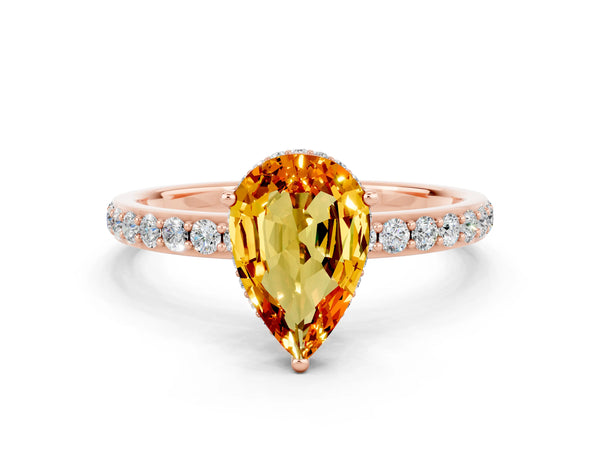 Rose gold Pear Cut Citrine Solitaire Ring with Pavé Band and Hidden Halo