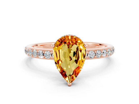 Rose gold Pear Cut Citrine Solitaire Ring with Pavé Band and Hidden Halo_12