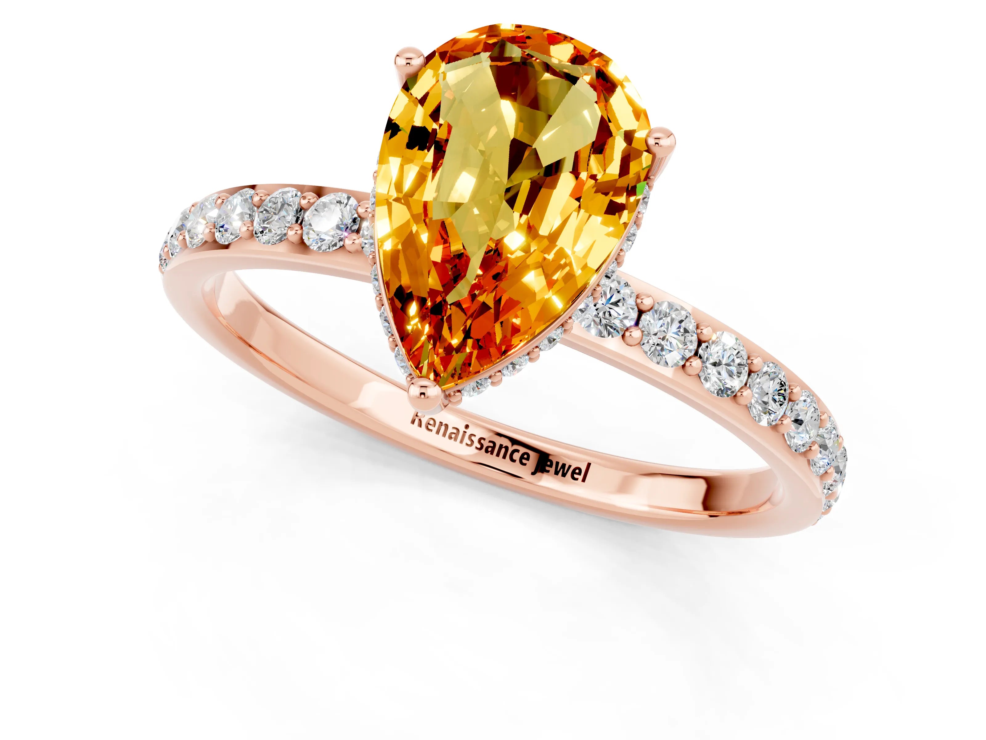 Rose gold Pear Cut Citrine Solitaire Ring with Pavé Band and Hidden Halo_13