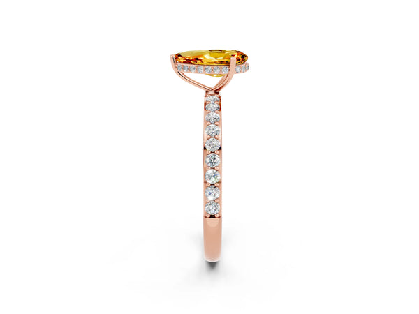 Rose gold Pear Cut Citrine Solitaire Ring with Pavé Band and Hidden Halo
