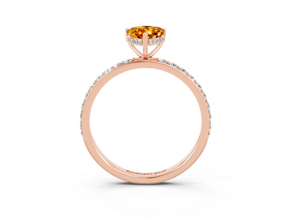Rose gold Pear Cut Citrine Solitaire Ring with Pavé Band and Hidden Halo