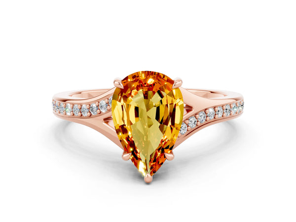 Rose gold Pear Cut Citrine Solitaire Ring with Pavé Band and Prong Setting