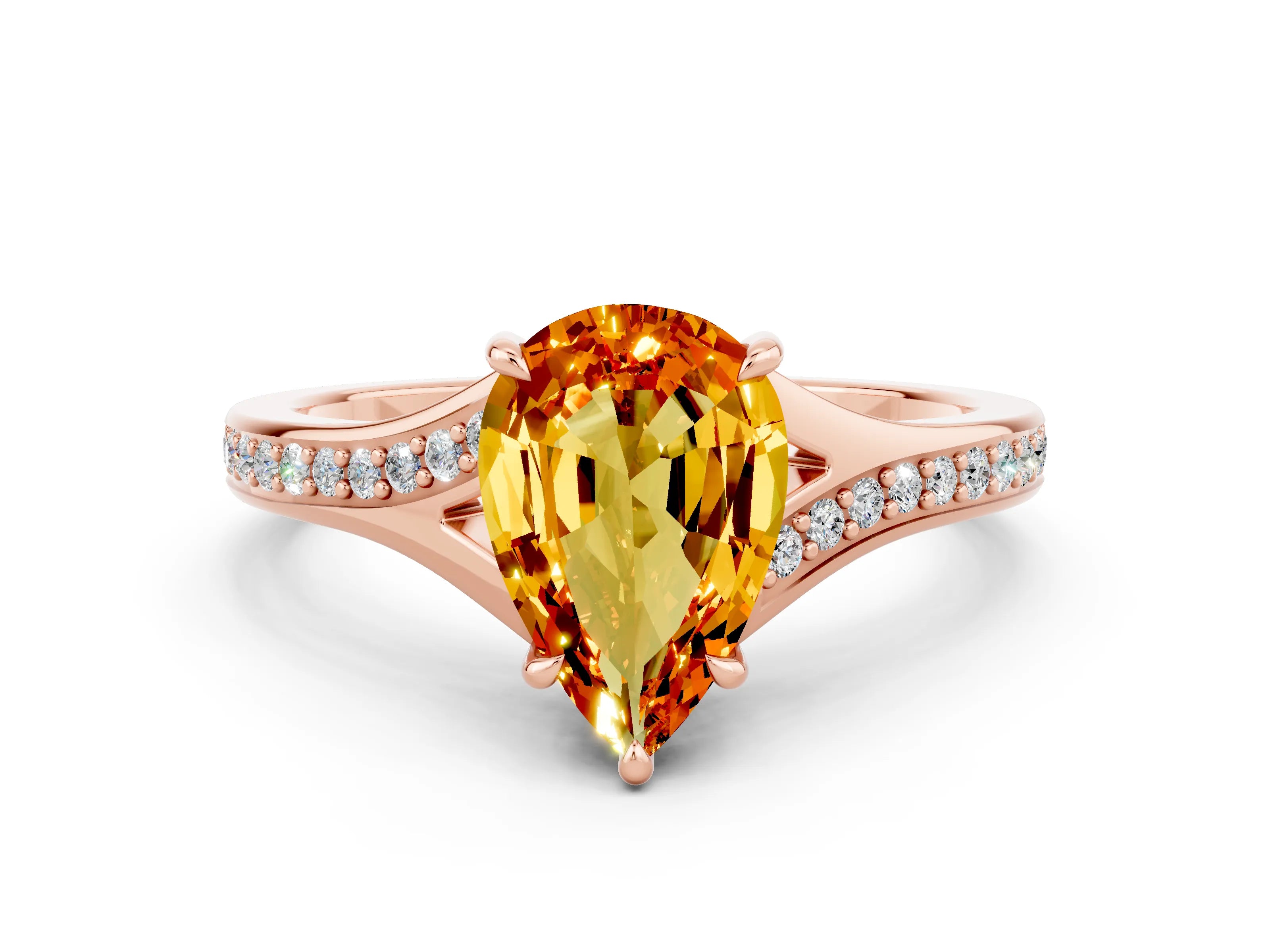 Rose gold Pear Cut Citrine Solitaire Ring with Pavé Band and Prong Setting_12