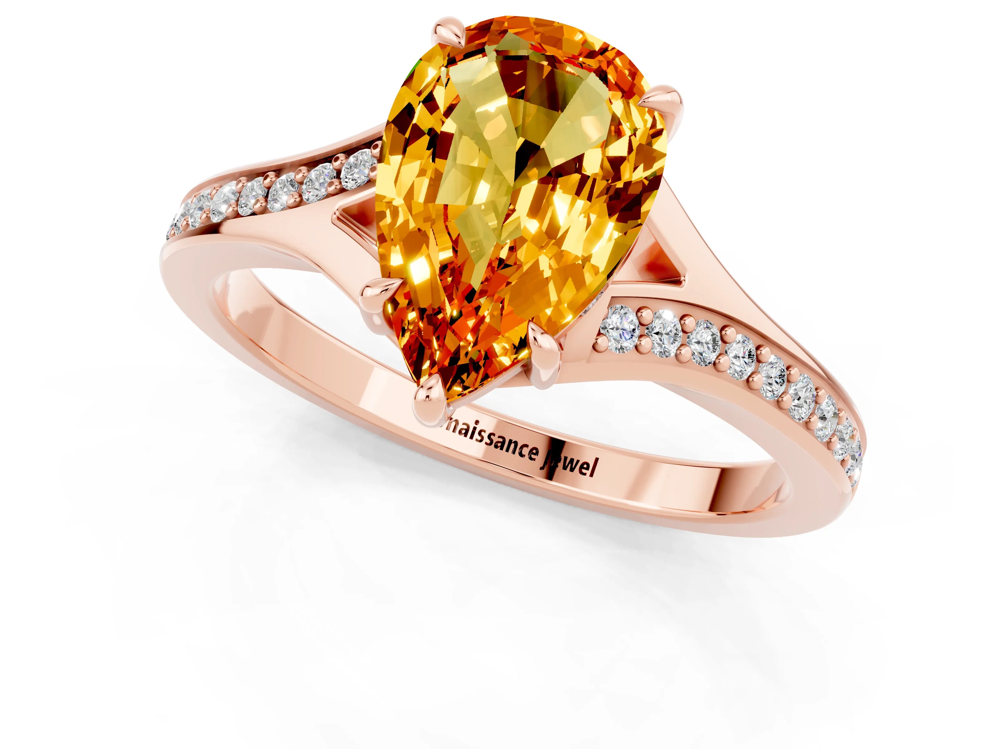 Rose gold Pear Cut Citrine Solitaire Ring with Pavé Band and Prong Setting_13