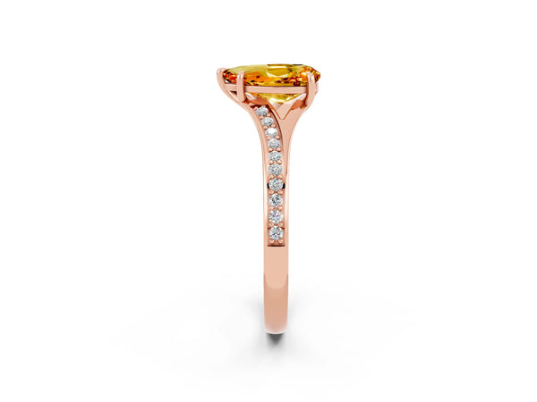 Rose gold Pear Cut Citrine Solitaire Ring with Pavé Band and Prong Setting