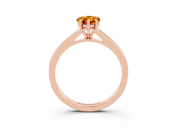 Rose gold Pear Cut Citrine Solitaire Ring with Pavé Band and Prong Setting