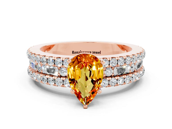 Rose gold Pear Cut Citrine Solitaire Ring with Pavé and Channel Set Band