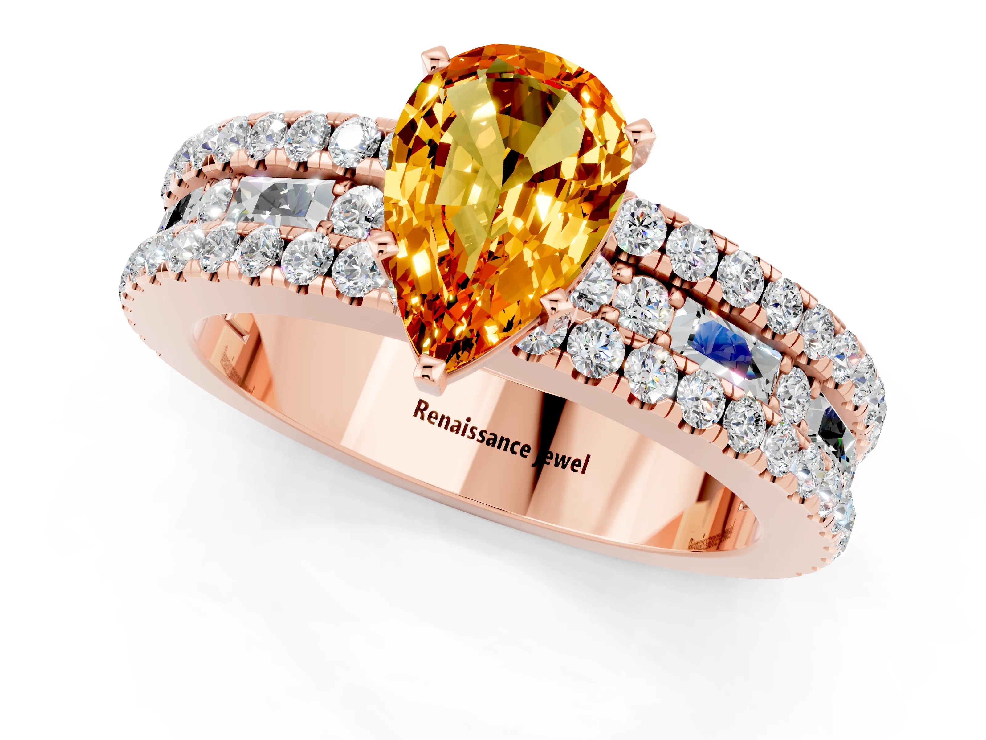 Rose gold Pear Cut Citrine Solitaire Ring with Pavé and Channel Set Band_1