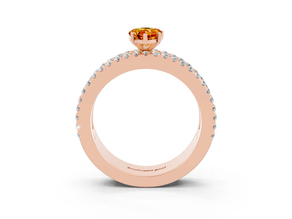 Rose gold Pear Cut Citrine Solitaire Ring with Pavé and Channel Set Band