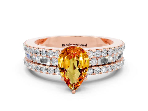Rose gold Pear Cut Citrine Solitaire Ring with Pavé and Channel Set Band