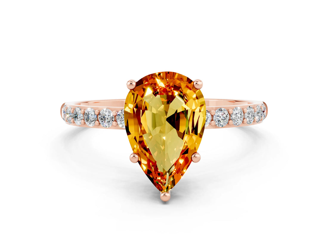 Rose gold Pear Cut Citrine Solitaire Ring with Pave Band and Four Prong Setting_24