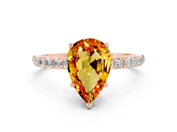 Rose gold Pear Cut Citrine Solitaire Ring with Round  Pavé Band and Prong Setting