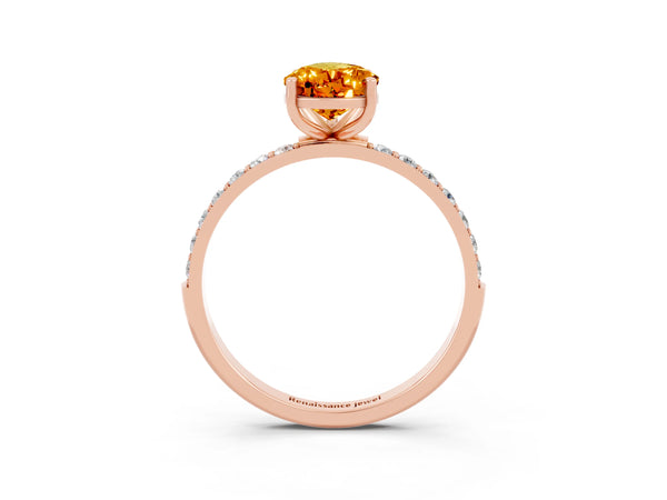 Rose gold Pear Cut Citrine Solitaire Ring with Round  Pavé Band and Prong Setting