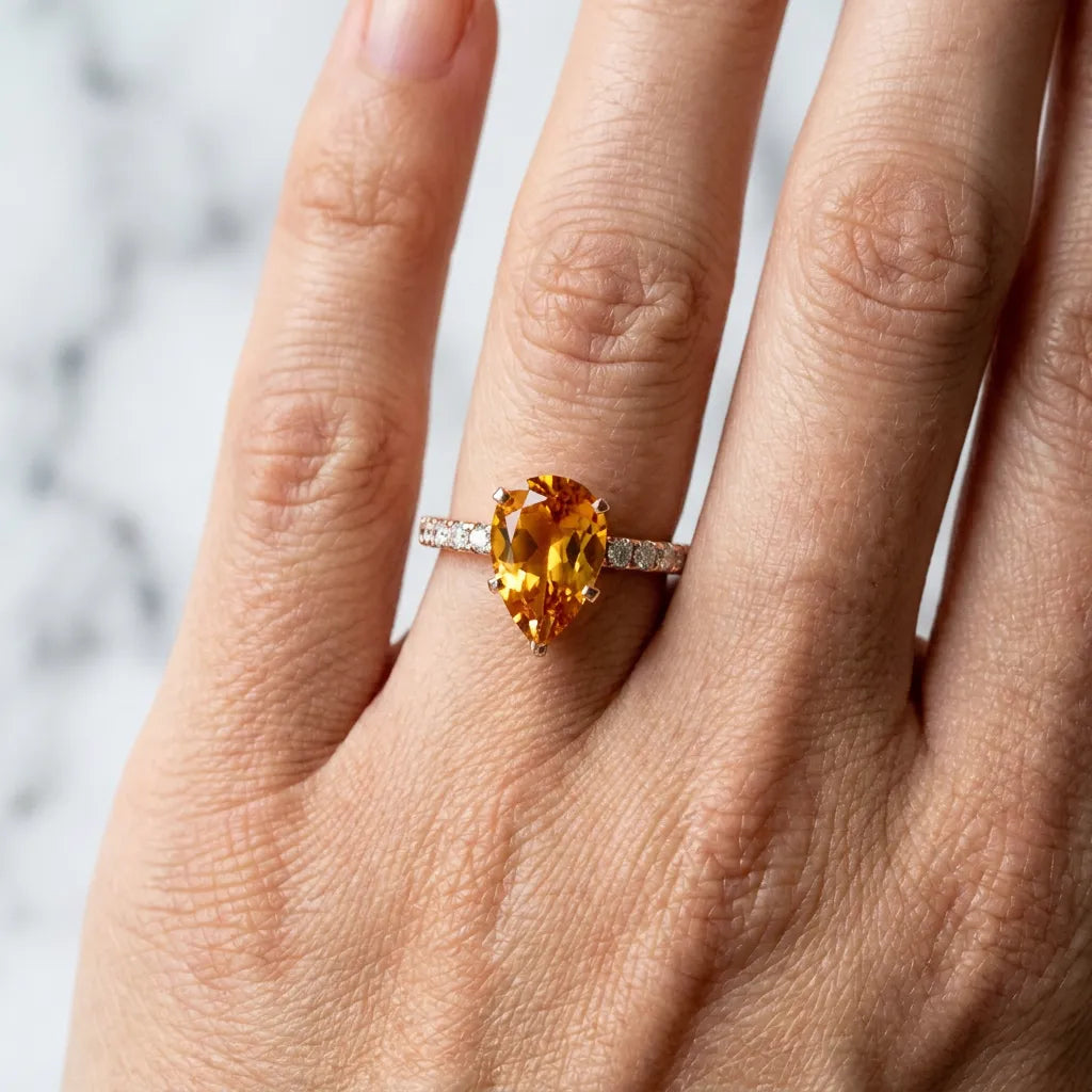 Rose gold Pear Cut Citrine Solitaire Ring with Round  Pavé Band and Four-Prong Setting_42