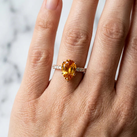 Rose gold Pear Cut Citrine Solitaire Ring with Round  Pavé Band and Four-Prong Setting_42