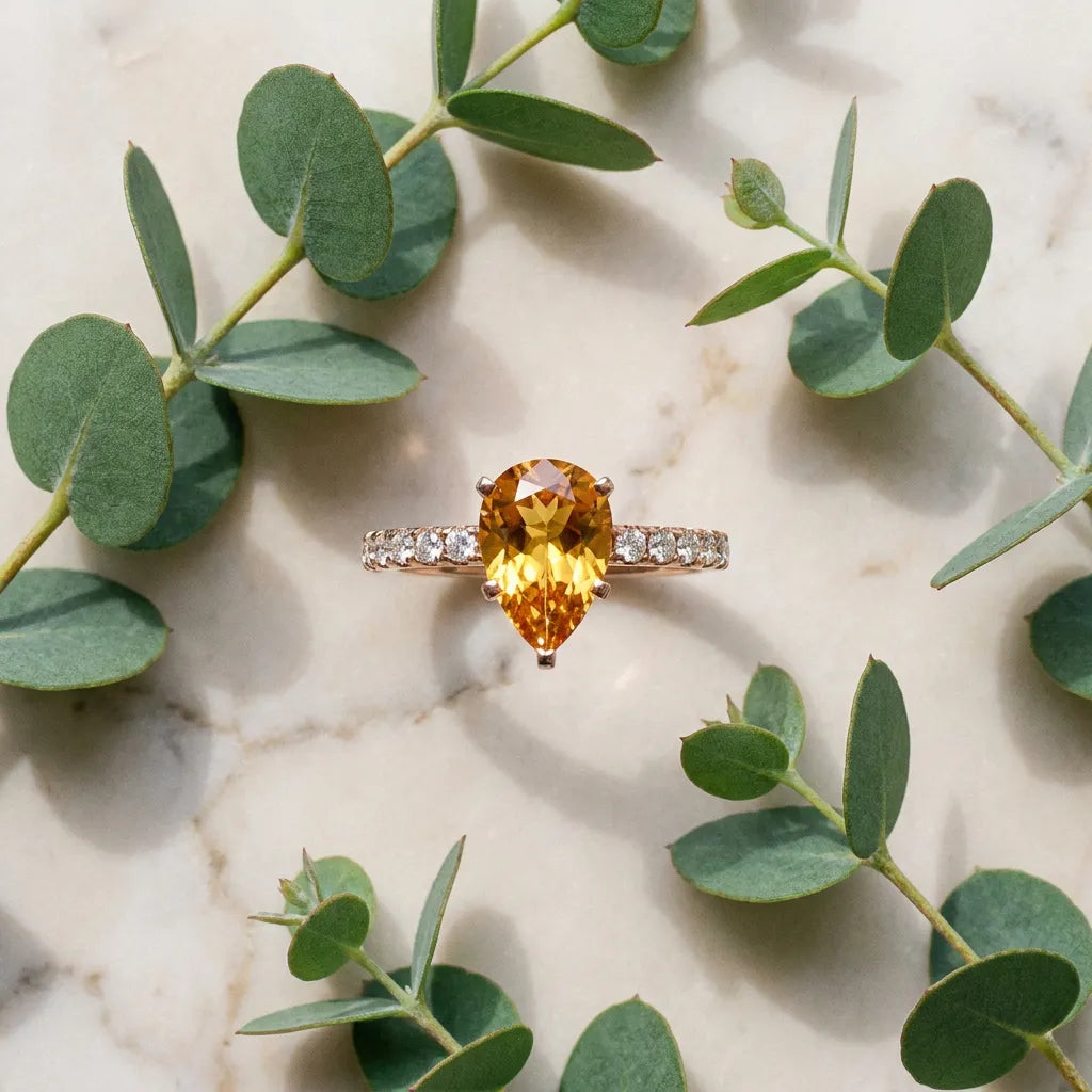 Rose gold Pear Cut Citrine Solitaire Ring with Round  Pavé Band and Four-Prong Setting_45