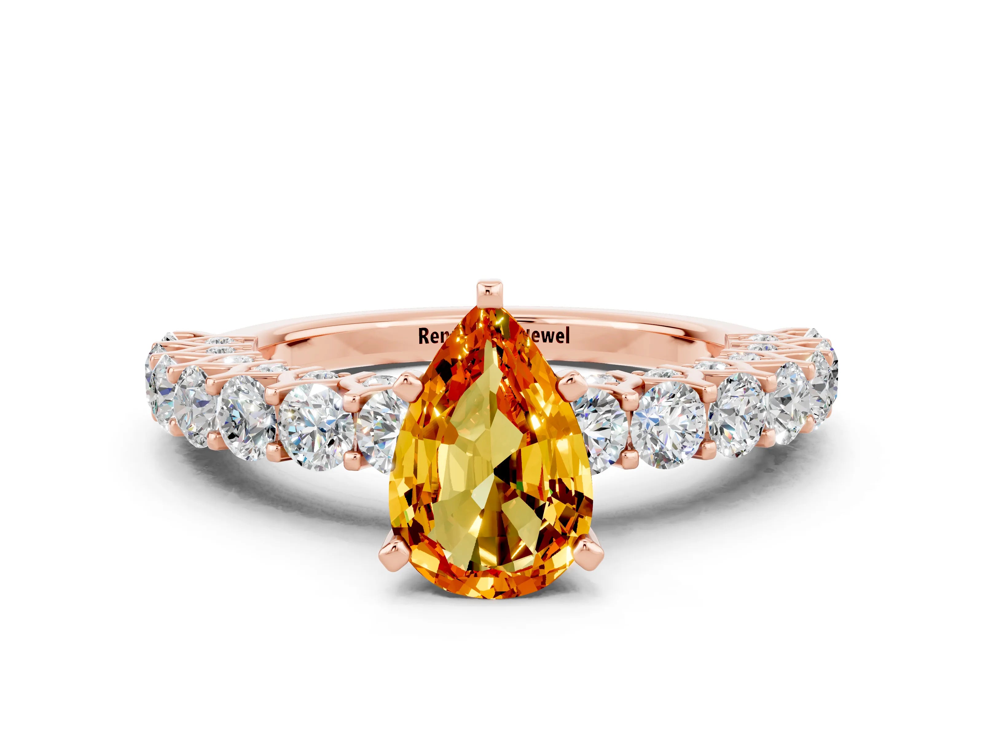 Rose gold Pear Cut Citrine Solitaire Ring with Shared Prong Pavé Band and Four-Prong Setting