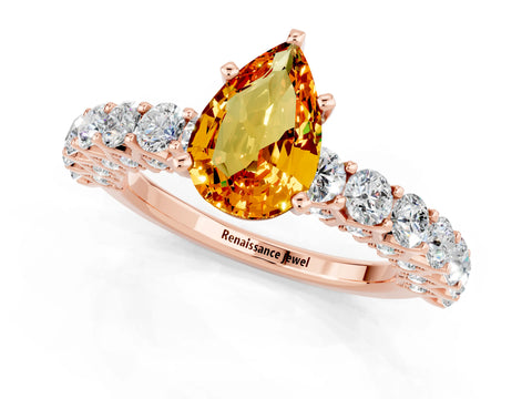 Rose gold Pear Cut Citrine Solitaire Ring with Shared Prong Pavé Band and Four-Prong Setting_1