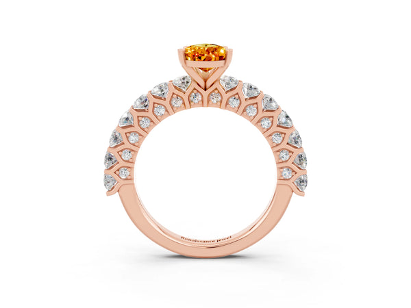 Rose gold Pear Cut Citrine Solitaire Ring with Shared Prong Pavé Band and Four-Prong Setting