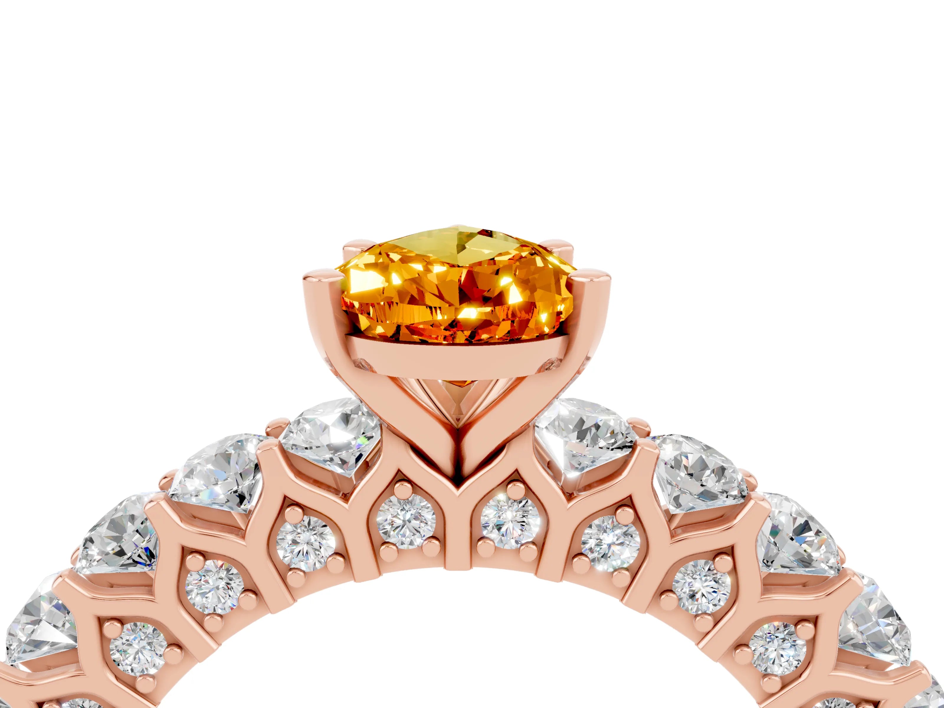 Rose gold Pear Cut Citrine Solitaire Ring with Shared Prong Pavé Band and Four-Prong Setting_4