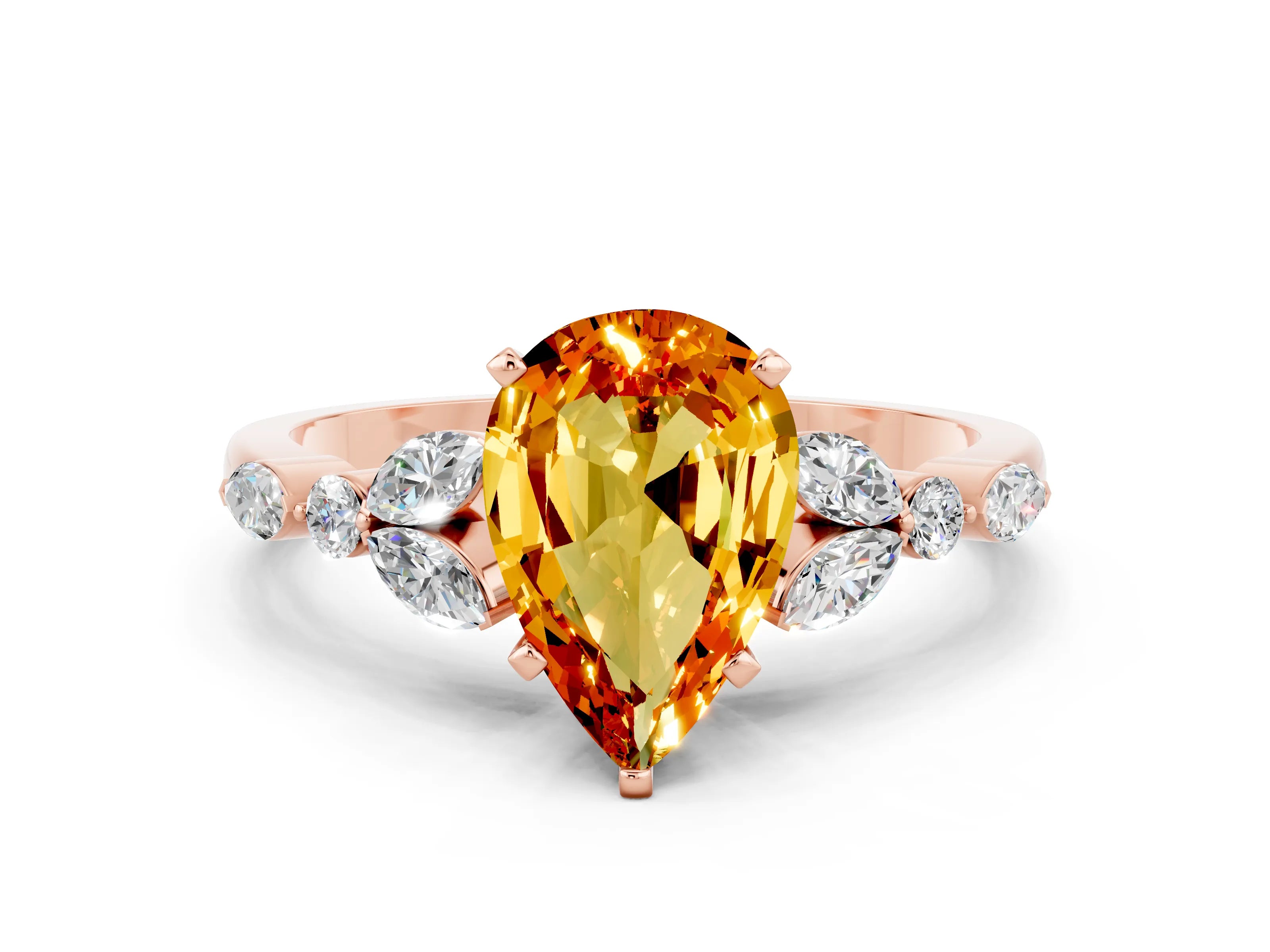 Rose gold Pear Cut Citrine Solitaire Ring with Side Stones and Four-Prong Setting_12