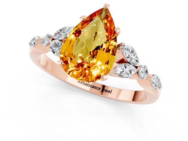Rose gold Pear Cut Citrine Solitaire Ring with Side Stones and Four-Prong Setting