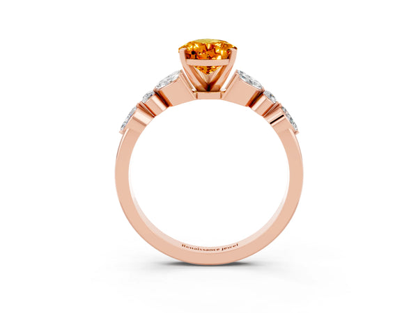 Rose gold Pear Cut Citrine Solitaire Ring with Side Stones and Four-Prong Setting