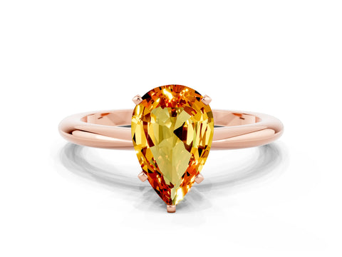 Rose gold Pear Cut Citrine Solitaire Ring with Six-Prong Setting and Classic Band