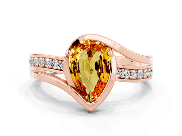 Rose gold Pear Cut Citrine Solitaire Ring with Split Shank and Prong Setting