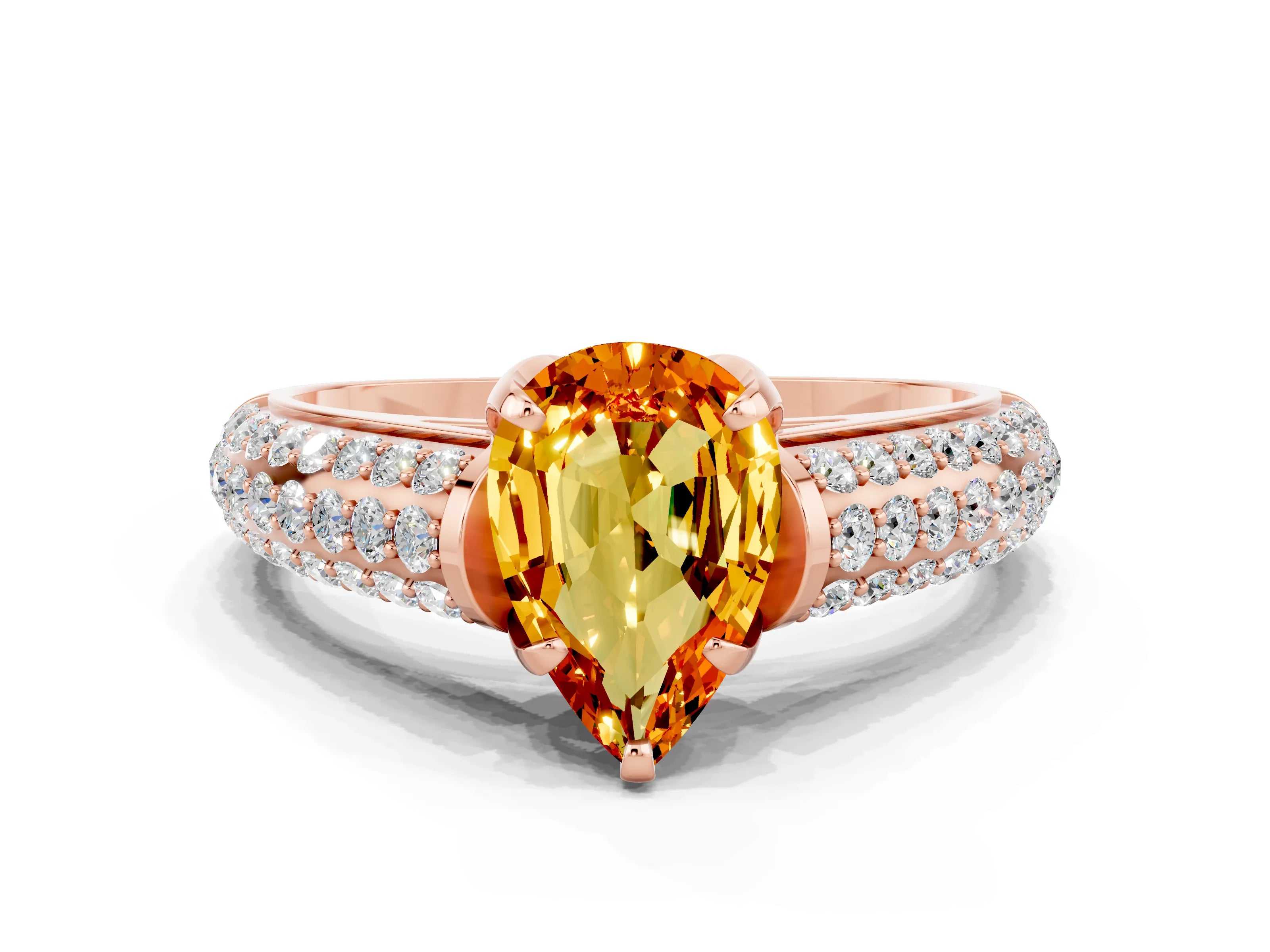 Rose gold Pear Cut Citrine Solitaire Ring with Three-Row Pavé Band and Four-Prong Setting_12