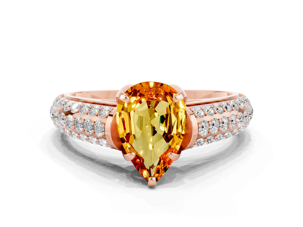Rose gold Pear Cut Citrine Solitaire Ring with Three-Row Pavé Band and Four-Prong Setting