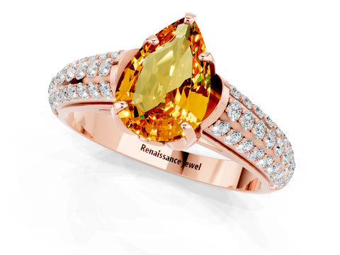 Rose gold Pear Cut Citrine Solitaire Ring with Three-Row Pavé Band and Four-Prong Setting_13
