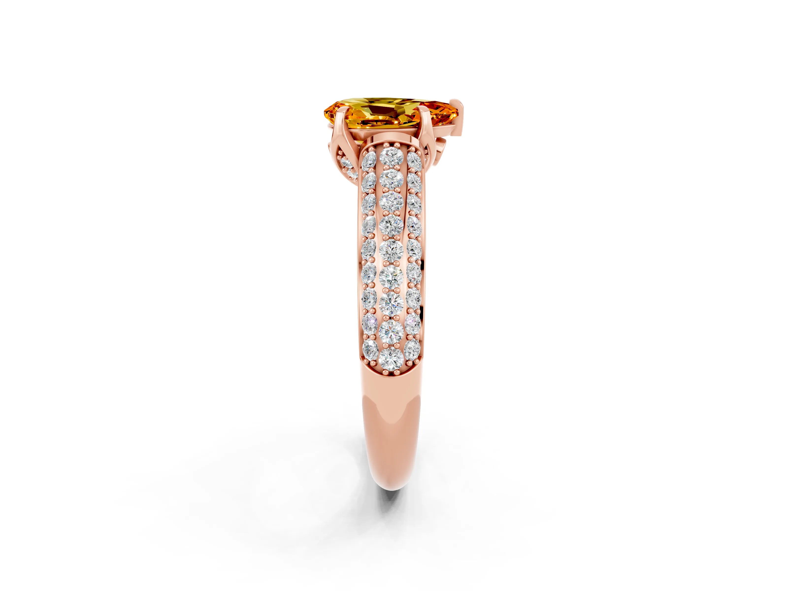 Rose gold Pear Cut Citrine Solitaire Ring with Three-Row Pavé Band and Four-Prong Setting_14
