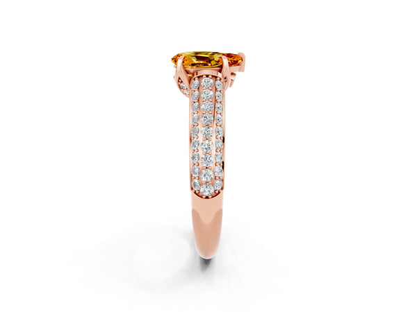 Rose gold Pear Cut Citrine Solitaire Ring with Three-Row Pavé Band and Four-Prong Setting